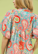 Umgee Mix Paisley Print Blouse with Puff Sleeves in Light Blue Mix