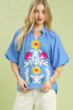 Load image into Gallery viewer, Umgee Embroidered Boho Top in Cerulean
