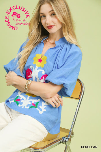 Umgee Embroidered Boho Top in Cerulean