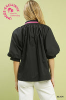 Umgee Embroidered Floral V Neck Top in Black