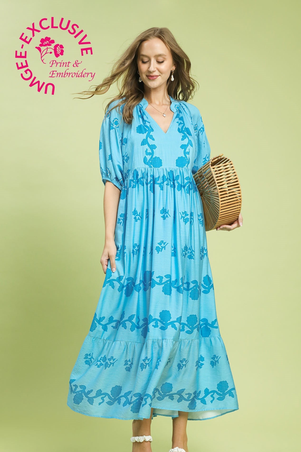 Umgee Vine Stippling Print Maxi Dress in Chambray S at June Adel