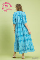 Umgee Vine Stippling Print Maxi Dress in Chambray