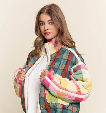 J.nna Multi Color Mixed Plaid Puffer Jacket in Rainbow Combo