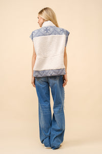 Blue B Quilted Paisley and Faux Shearling Vest in Off White