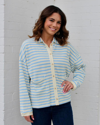 Wishlist OVERSIZED Striped Knit Button Up Top in Sky/Cream