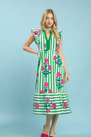 Umgee Mix Striped Floral Midi Dress in Green Mix