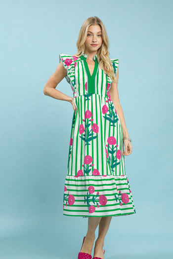 Umgee Mix Striped Floral Midi Dress in Green Mix
