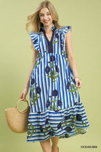 Load image into Gallery viewer, Umgee Mix Striped Floral Midi Dress in Ocean Mix
