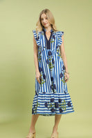 Umgee Mix Striped Floral Midi Dress in Ocean Mix