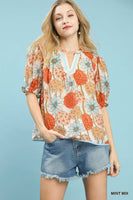 Umgee Floral Print Puff Sleeve Top in Mint Mix