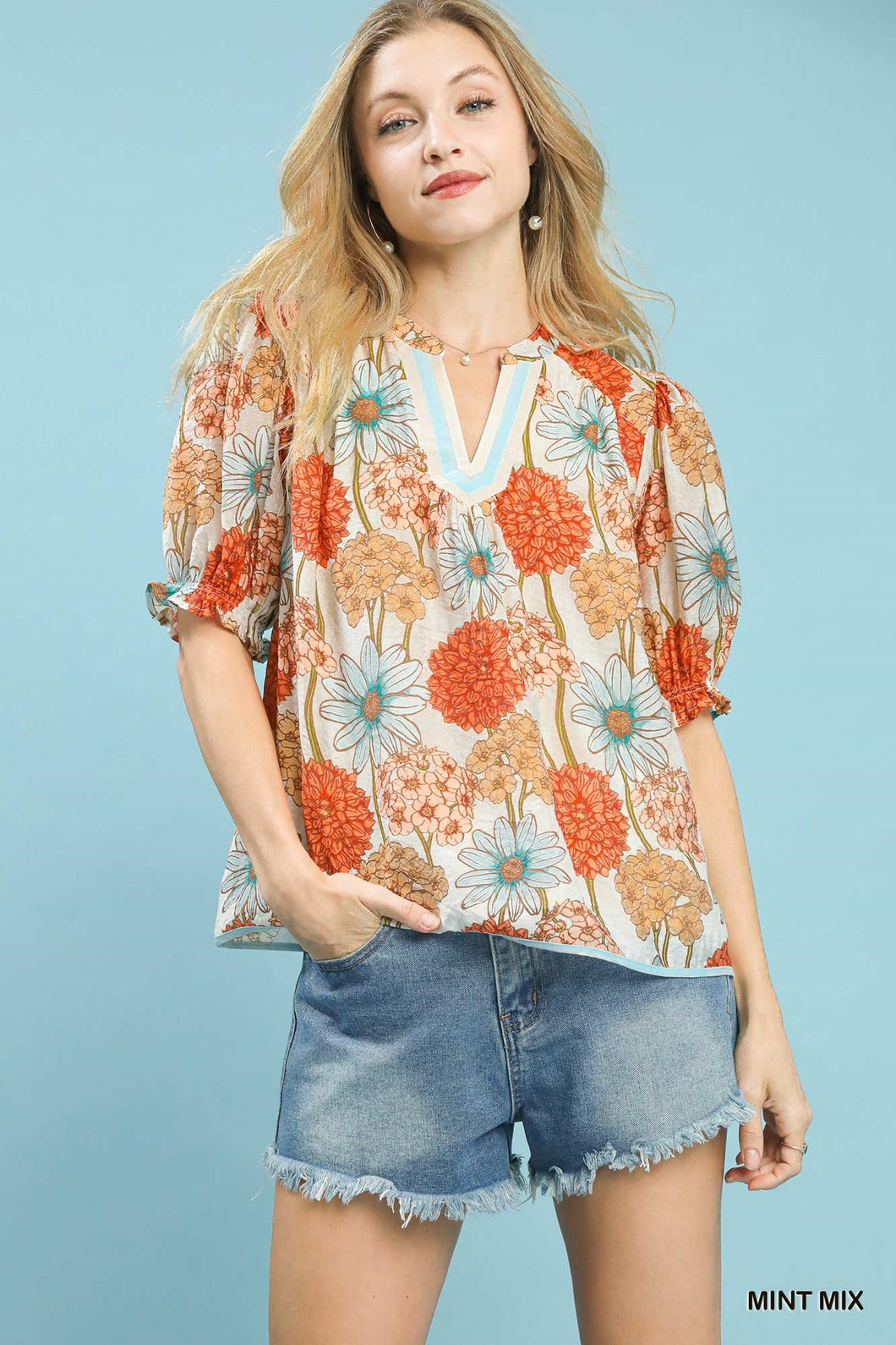Umgee Floral Print Puff Sleeve Top in Mint Mix – June Adel