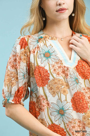 Umgee Floral Print Puff Sleeve Top in Mint Mix