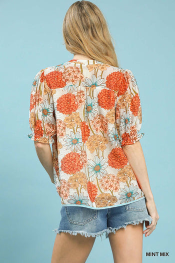 Umgee Floral Print Puff Sleeve Top in Mint Mix