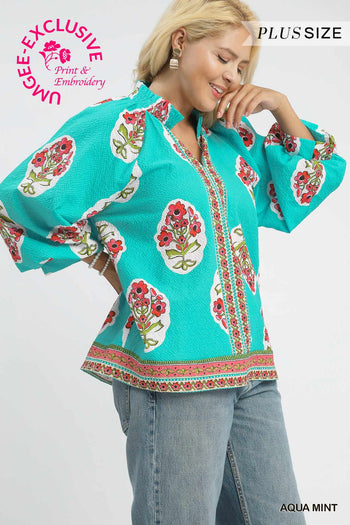Umgee Boho Floral Print Tunic Top in Aqua