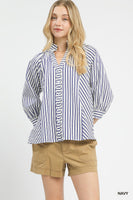 Umgee Striped V Neck Button Down Top in Navy