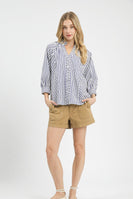 Umgee Striped V Neck Button Down Top in Navy