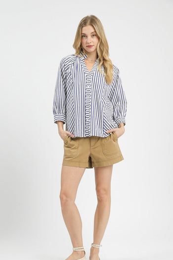 Umgee Striped V Neck Button Down Top in Navy