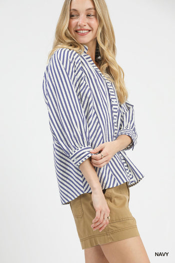 Umgee Striped V Neck Button Down Top in Navy
