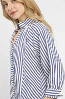 Umgee Striped V Neck Button Down Top in Navy