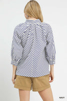 Umgee Striped V Neck Button Down Top in Navy