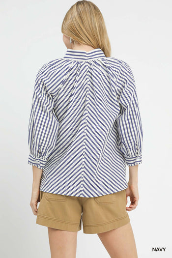 Umgee Striped V Neck Button Down Top in Navy