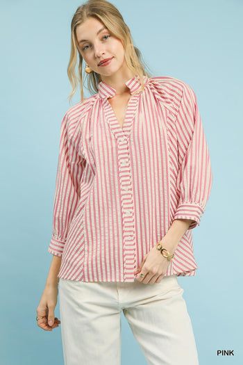 Umgee Striped V Neck Button Down Top in Pink