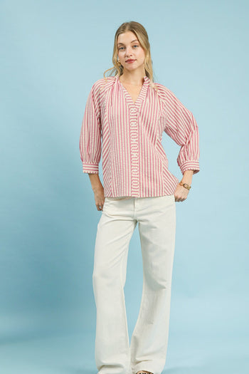 Umgee Striped V Neck Button Down Top in Pink