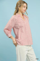 Umgee Striped V Neck Button Down Top in Pink
