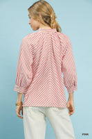 Umgee Striped V Neck Button Down Top in Pink