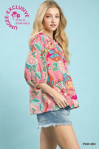 Umgee Paisley Print V Neck Top in Pink Mix ON ORDER