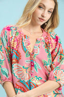 Umgee Paisley Print V Neck Top in Pink Mix ON ORDER