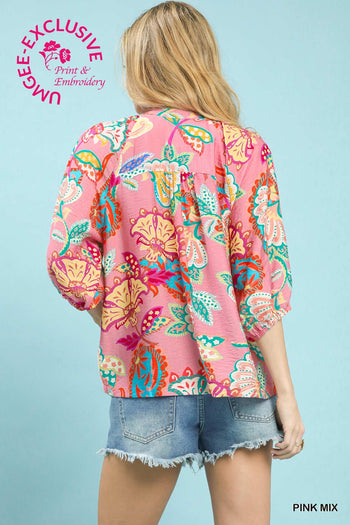 Umgee Paisley Print V Neck Top in Pink Mix ON ORDER