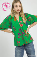 Umgee Exclusive Floral Puff Sleeve Scallop Hem Top in Island Green