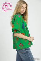 Umgee Exclusive Floral Puff Sleeve Scallop Hem Top in Island Green