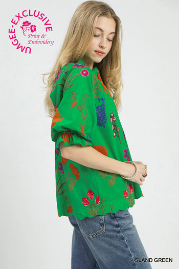 Umgee Exclusive Floral Puff Sleeve Scallop Hem Top in Island Green
