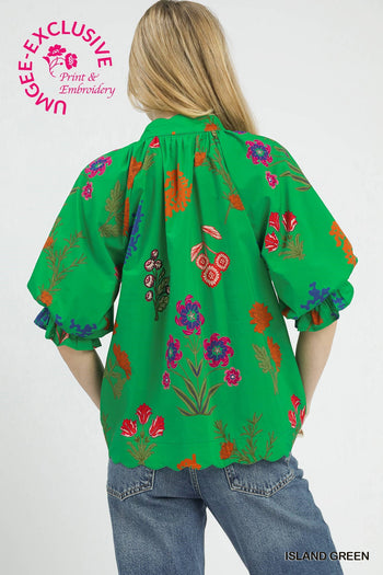 Umgee Exclusive Floral Puff Sleeve Scallop Hem Top in Island Green