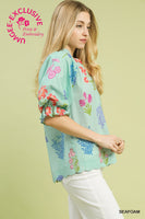 Umgee Exclusive Floral Puff Sleeve Scallop Hem Top in Seafoam