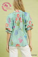 Umgee Exclusive Floral Puff Sleeve Scallop Hem Top in Seafoam