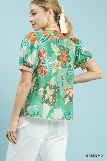 Umgee Mixed Abstract print V-Neck Top in Kelly Green ON ORDER