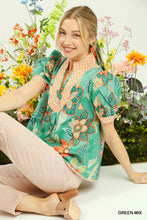 Load image into Gallery viewer, Umgee Mixed Abstract print V-Neck Top in Kelly Green ON ORDER
