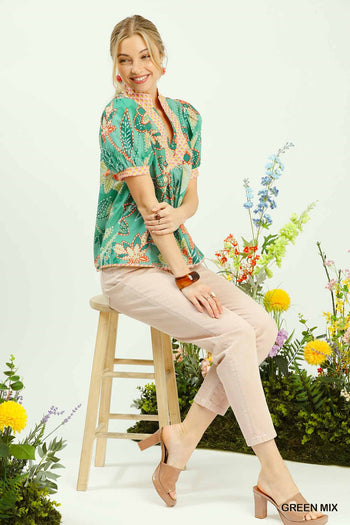 Umgee Mixed Abstract print V-Neck Top in Kelly Green ON ORDER