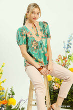 Load image into Gallery viewer, Umgee Mixed Abstract print V-Neck Top in Kelly Green ON ORDER

