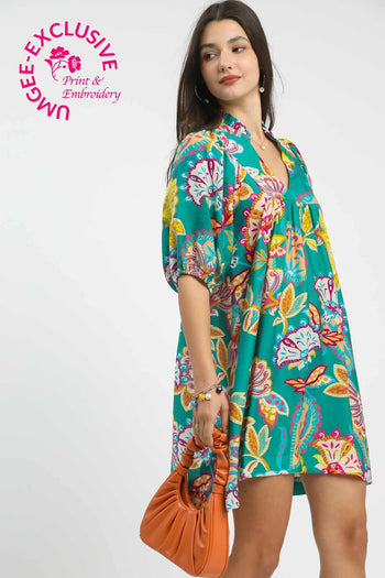Umgee Abstract Print Puff Sleeve Babydoll Dress in Emerald Mix