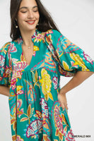 Umgee Abstract Print Puff Sleeve Babydoll Dress in Emerald Mix