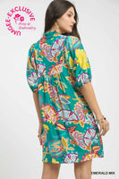 Umgee Abstract Print Puff Sleeve Babydoll Dress in Emerald Mix