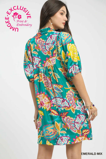 Umgee Abstract Print Puff Sleeve Babydoll Dress in Emerald Mix