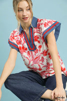 Umgee Floral Split Neck Top in Pink
