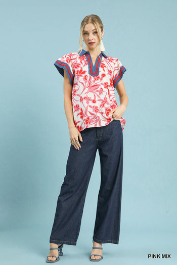 Umgee Floral Split Neck Top in Pink