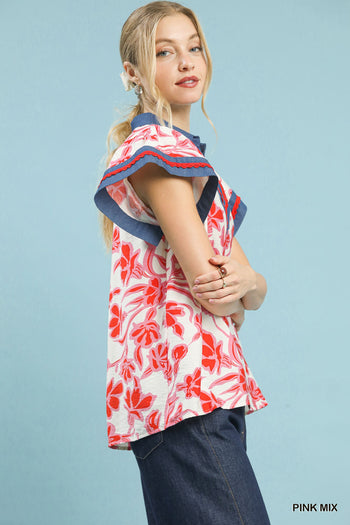Umgee Floral Split Neck Top in Pink