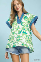 Umgee Floral Split Neck Top in Sage